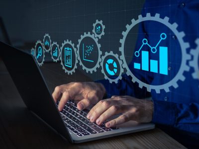 Data science analyst working with statistics and report on computer. Concept with icons of charts and graph connected. Business analytics consultant analyzing metrics and key performance indicators